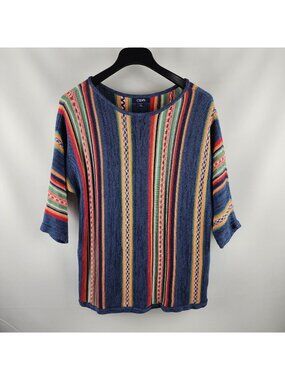 Chaps Sweater Womens 2X Multi Knit Aztec Stripe 3/4 Sleeve Pullover